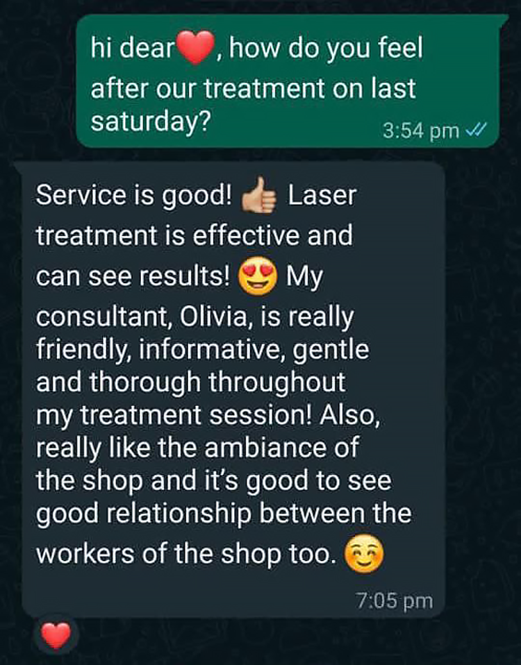 Patient WhatsApp review — The Valley Beauty Medical Spa, aesthetic clinic in Mont Kiara · Sri Hartamas, Kuala Lumpur