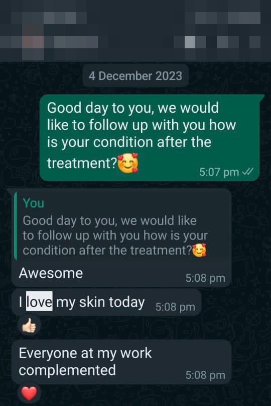 Patient WhatsApp review — The Valley Beauty Medical Spa, aesthetic clinic in Mont Kiara · Sri Hartamas, Kuala Lumpur